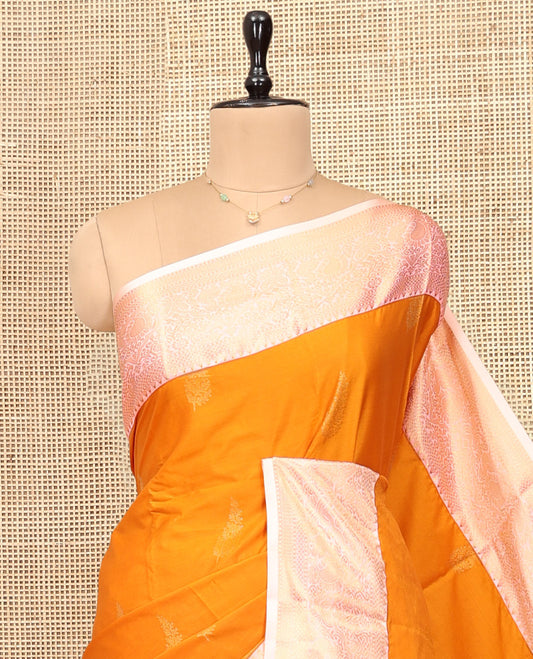 Orange Budget Silk Saree, Woven with Zari Buttas, Complemented by Contrast Traditional Zari Border, Pallu of Jaal Designs, and Contrast Blouse