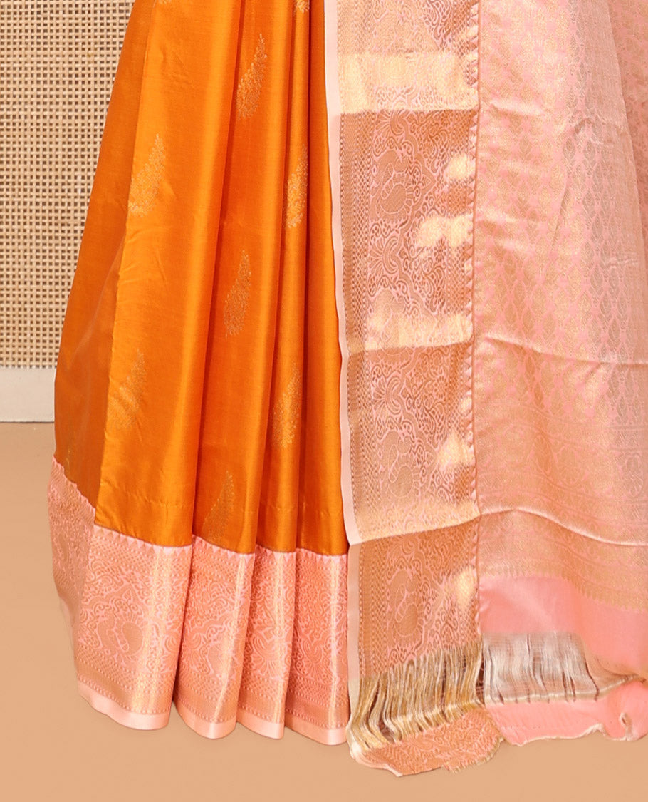 Orange Budget Silk Saree, Woven with Zari Buttas, Complemented by Contrast Traditional Zari Border, Pallu of Jaal Designs, and Contrast Blouse