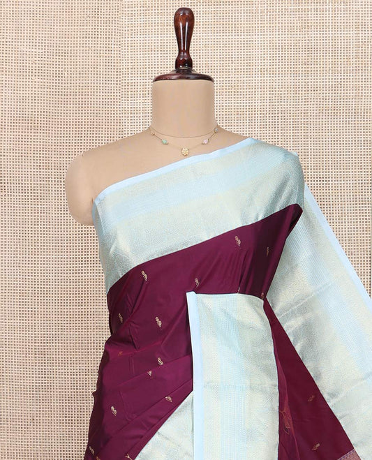 Wine Budget Silk Saree, Embellished with Zari Buttas All Over Its Body, Complemented by a Contrast Traditional Zari Design Border, Sparsely Woven Jaal Pallu, and Paired with a Contrast Blouse