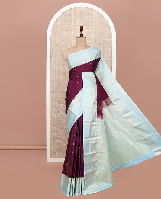 Wine Budget Silk Saree, Embellished with Zari Buttas All Over Its Body, Complemented by a Contrast Traditional Zari Design Border, Sparsely Woven Jaal Pallu, and Paired with a Contrast Blouse