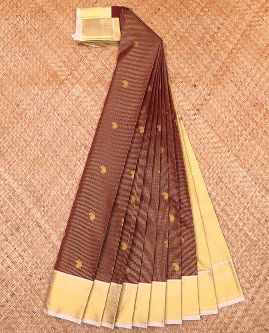 Brown Budget Silk Saree, Prettified with Zari Butta Enclosed Checks On Its Body, Complemented by Contrast Traditional Zari Designs Woven Border, Gleaming Zari Pallu and Paired with a Contrast Blouse