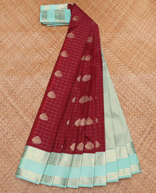 Red Budget Silk Saree, Adorned with Zari Buttas and Checks On Its Body, Complemented by Contrast Rettai Pettu Border of Traditional Zari Designs, Sparsely Woven Pallu and Paired with a Contrast Blouse
