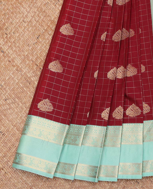 Red Budget Silk Saree, Adorned with Zari Buttas and Checks On Its Body, Complemented by Contrast Rettai Pettu Border of Traditional Zari Designs, Sparsely Woven Pallu and Paired with a Contrast Blouse