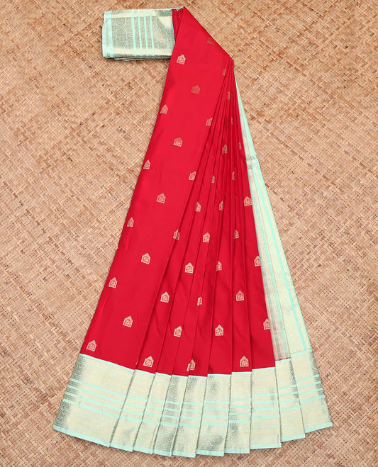Red Budget Silk Saree, Subtly Enriched with Zari Buttas All Over Its Body, Complemented by a Contrast Traditional Zari Design Border, Pallu Mirrors Traditional Zari Designs, and Paired with a Contrast Blouse