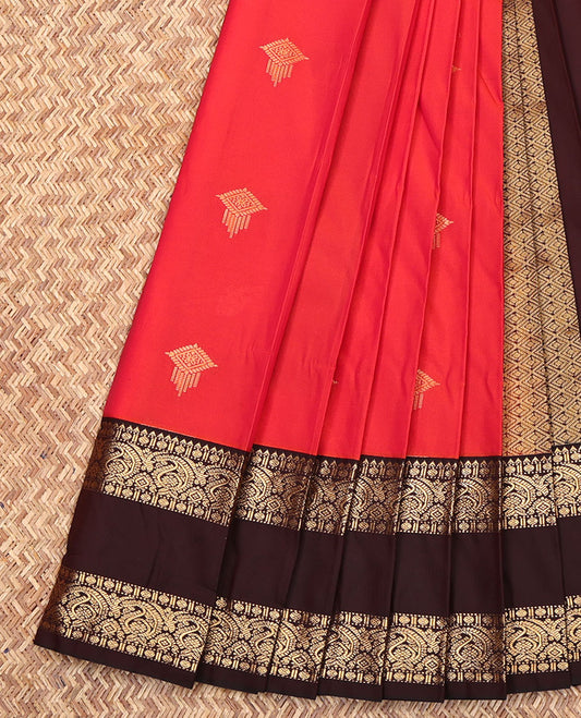 Red Budget Silk Saree, Mesmerized with Zari Buttas All Over Its Body, Complemented by a Contrast Traditional Zari Design Border, Pallu of Jaal Designs, and Paired with a Contrast Blouse