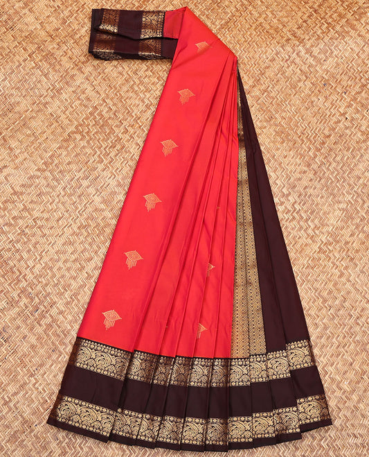 Red Budget Silk Saree, Mesmerized with Zari Buttas All Over Its Body, Complemented by a Contrast Traditional Zari Design Border, Pallu of Jaal Designs, and Paired with a Contrast Blouse