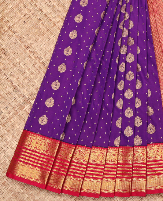 Violet Budget Silk Saree, Detailed with Zari Buttas All Over Its Body, Complemented by a Contrast Traditional Zari Design Border, Grand Jaal Pallu, and Paired with a Contrast Blouse