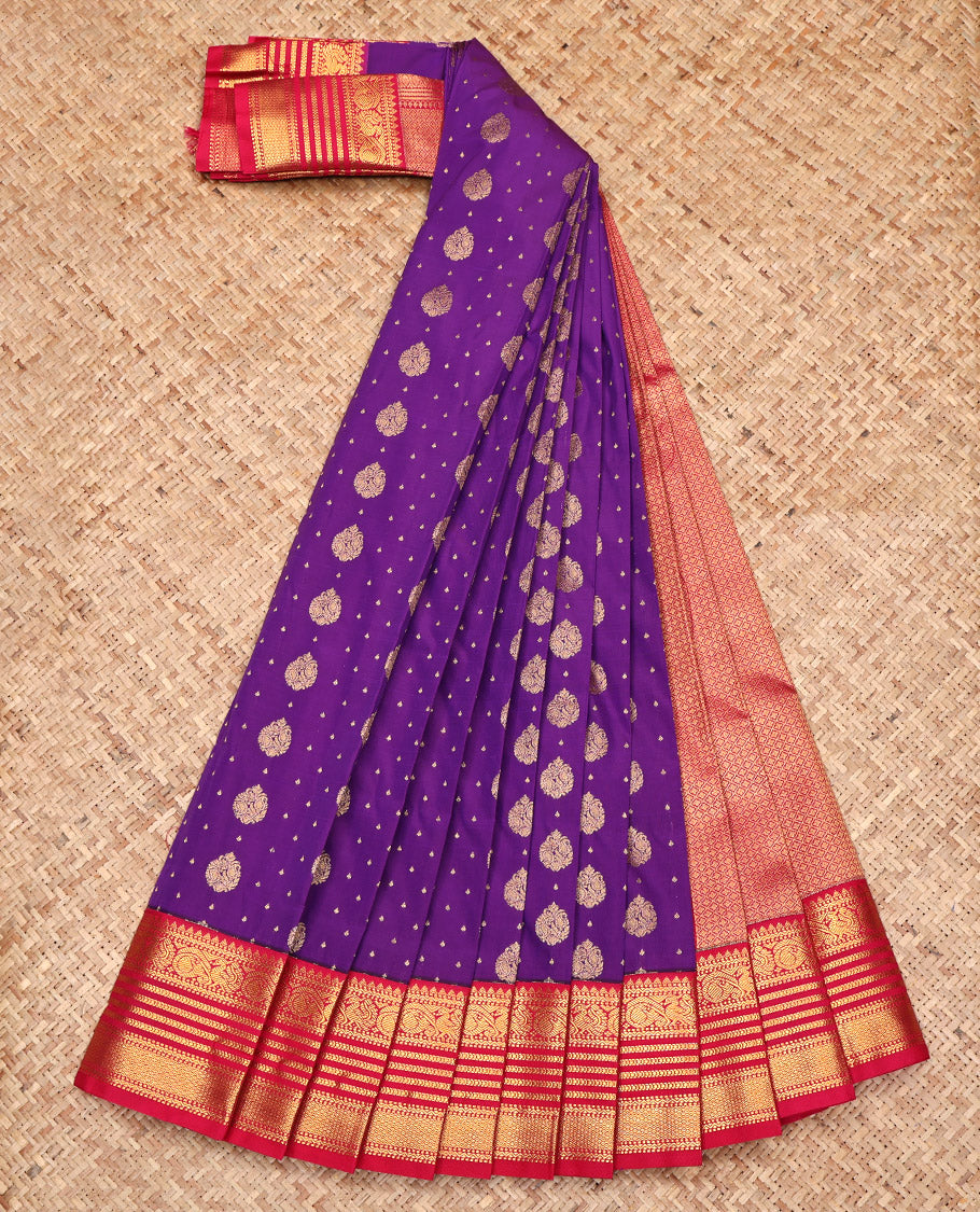 Violet Budget Silk Saree, Detailed with Zari Buttas All Over Its Body, Complemented by a Contrast Traditional Zari Design Border, Grand Jaal Pallu, and Paired with a Contrast Blouse