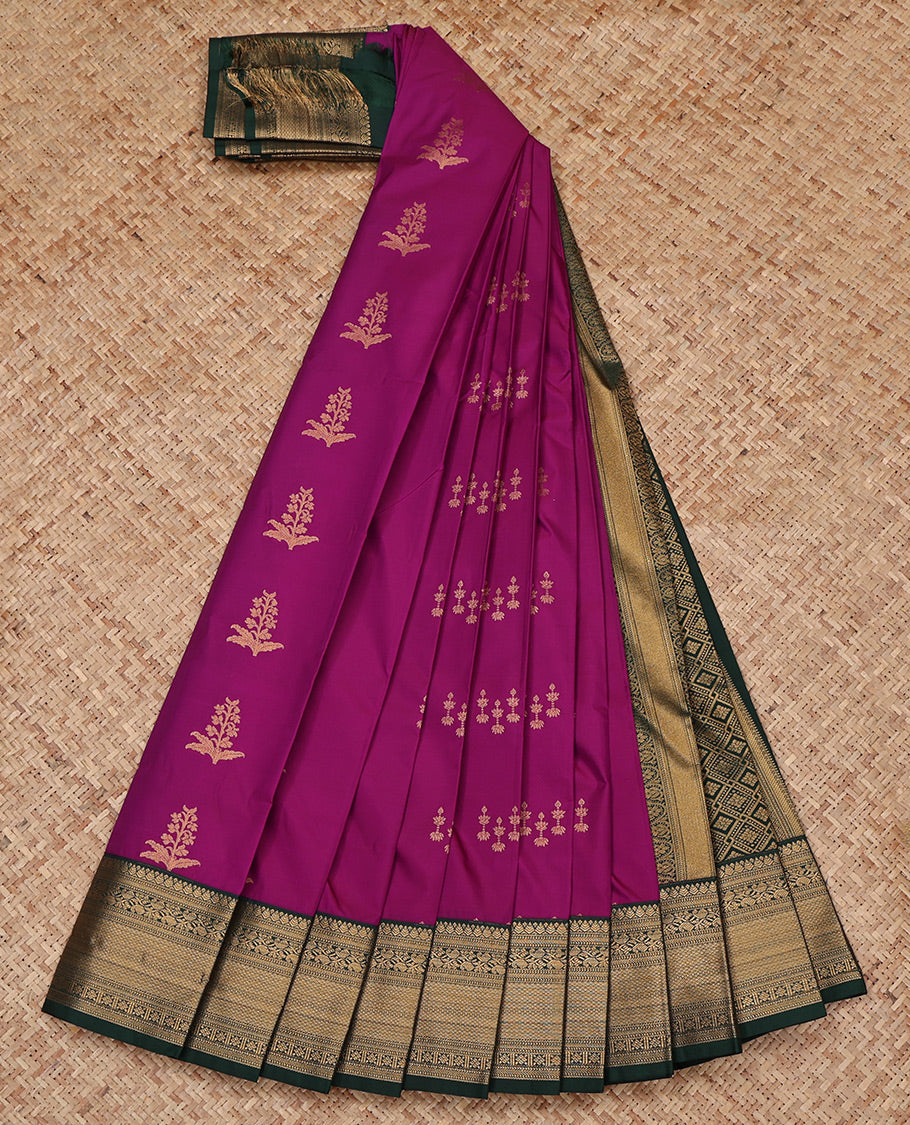 Purple Budget Silk Saree, Embellished with Zari Buttas All Over Its Body, Complemented by a Contrast Traditional Zari Design Border, Grand Jaal Pallu, and Paired with a Contrast Blouse
