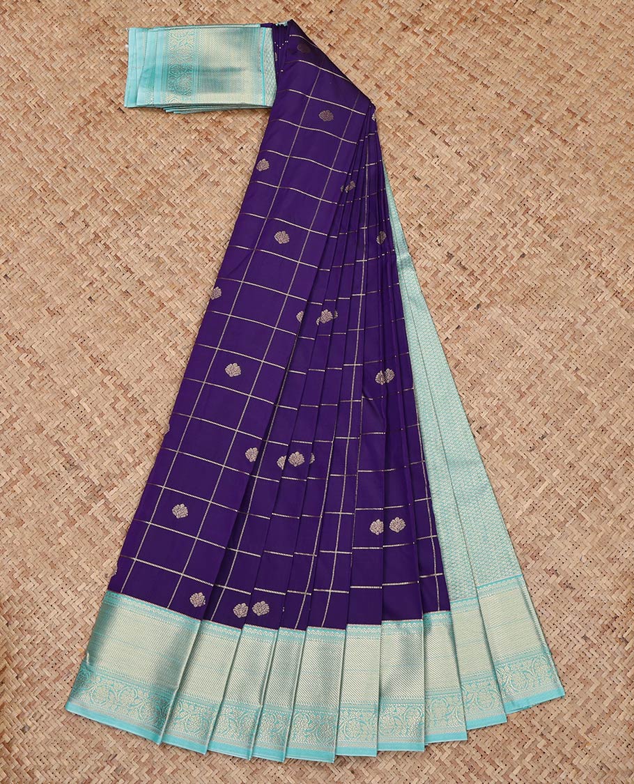 Violet Budget Silk Saree, Featuring Zari Butta Enclosed Checks on Its Body, Complemented by a Contrast Traditional Zari Design Border, Sparsely Woven Pallu, and Paired with a Contrast Blouse