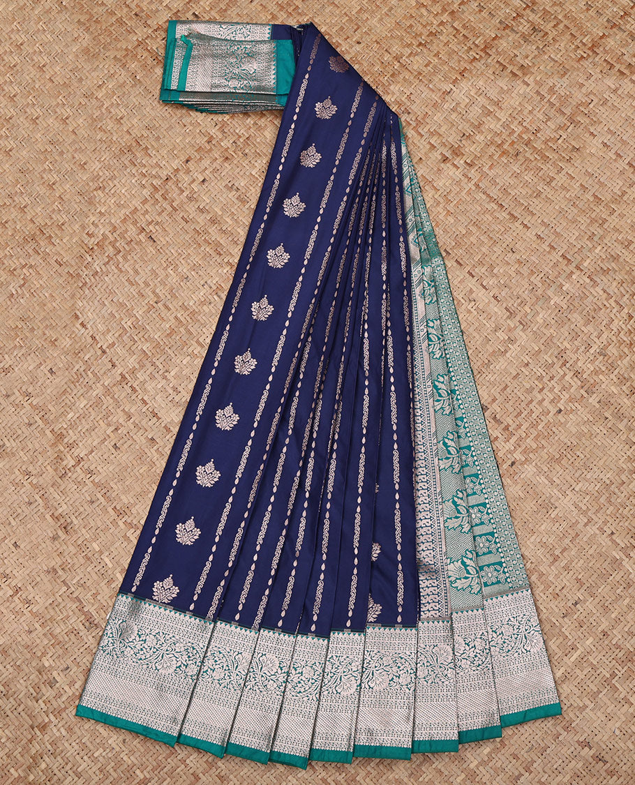 Blue Budget Silk Saree, Majestically Detailed with Zari Designs All Over Its Body, Complemented by a Contrast Traditional Zari Design Border, Grand Pallu, and Paired with a Contrast Blouse