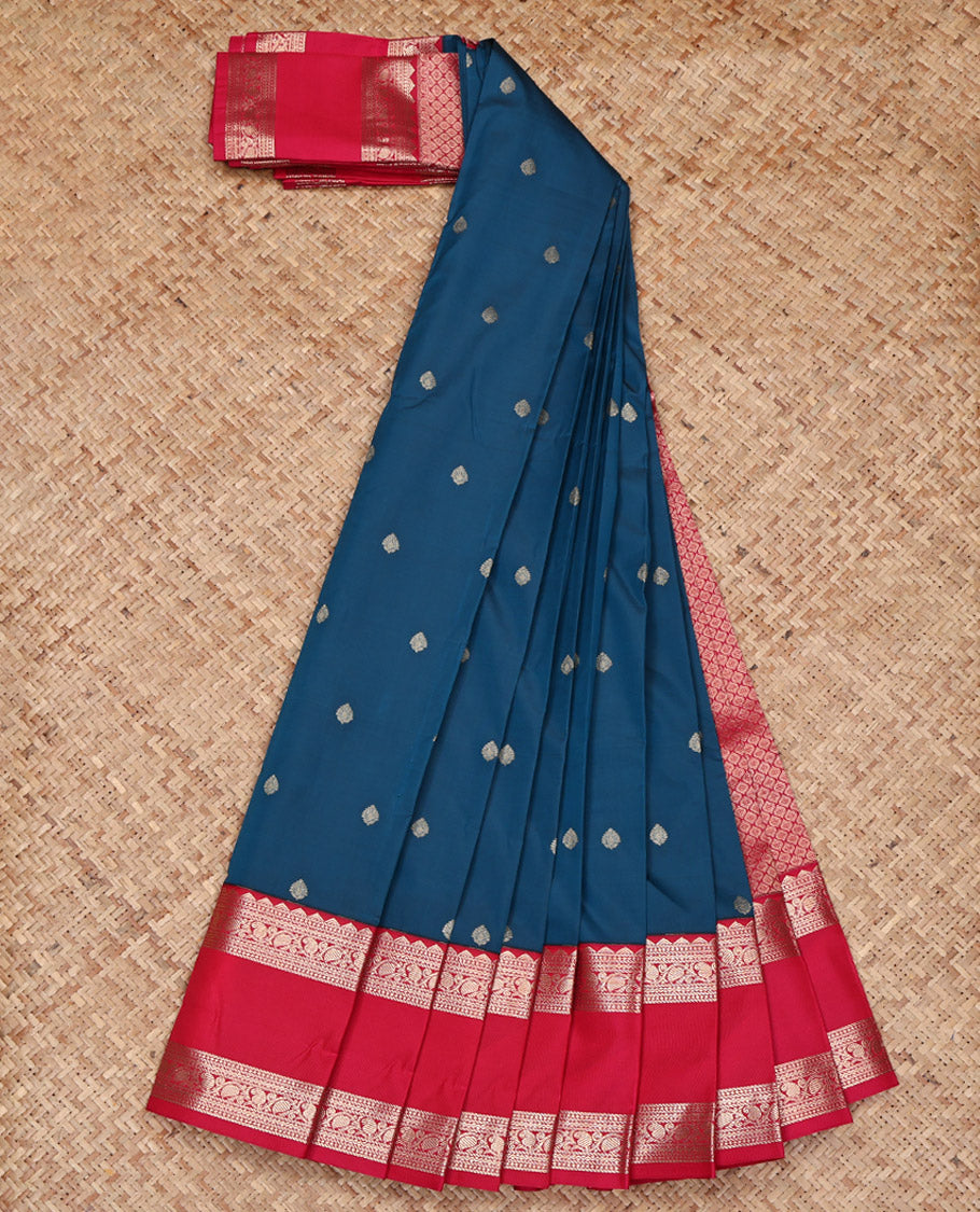 Blue Budget Silk Saree, Beautified with Zari Buttas on Its Body, Complemented by a Contrast Traditional Zari Design Rettai Pettu Border, Grand Jaal Pallu, and Paired with a Contrast Blouse