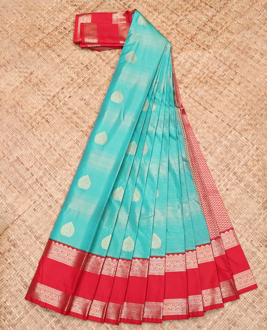 Blue Budget Silk Saree, Bedecked with Zari Buttas and Stripes, Complemented by a Contrast Traditional Zari Design Rettai Pettu Border, Grand Pallu, and a Contrast Blouse