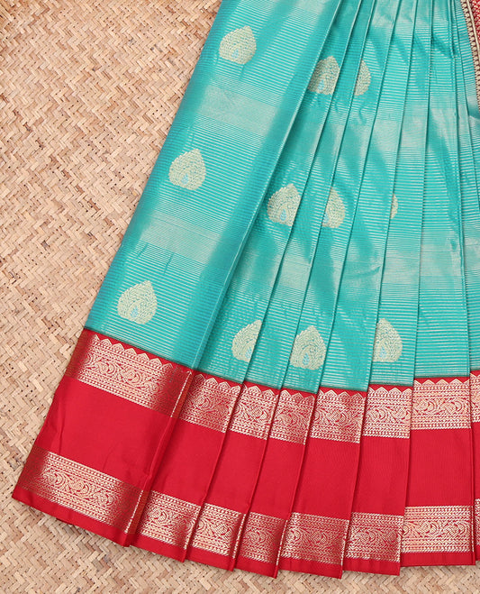 Blue Budget Silk Saree, Bedecked with Zari Buttas and Stripes, Complemented by a Contrast Traditional Zari Design Rettai Pettu Border, Grand Pallu, and a Contrast Blouse