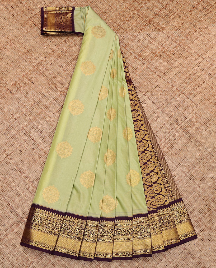 Green Budget Silk Saree, Prettified with Zari Buttas, Complemented by Contrast Traditional Zari Border, Grand Pallu and a Contrast Blouse