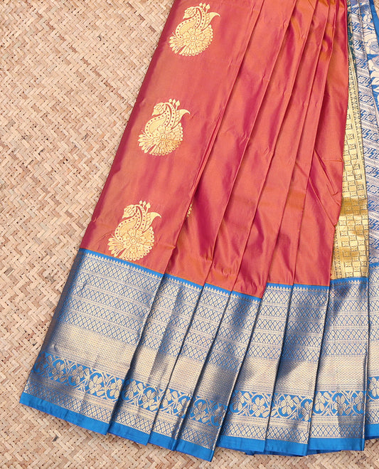 Orange Budget Silk Saree, Decorated with Zari Buttas, Contrast Traditional Zari Border, Grand Pallu, and a Contrast Blouse