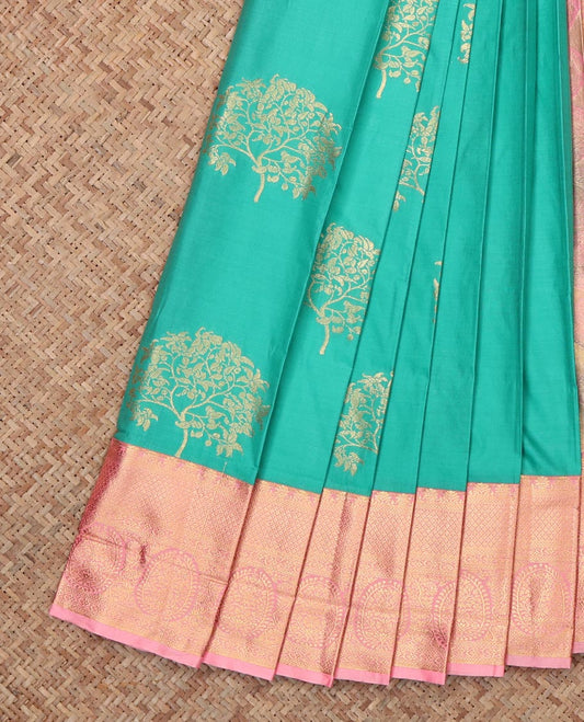 Turquoise Budget Silk Saree, Adorned with Tree Motifs, Complemented by Contrast Traditional Zari Border, Grand Pallu and Contrast Blouse