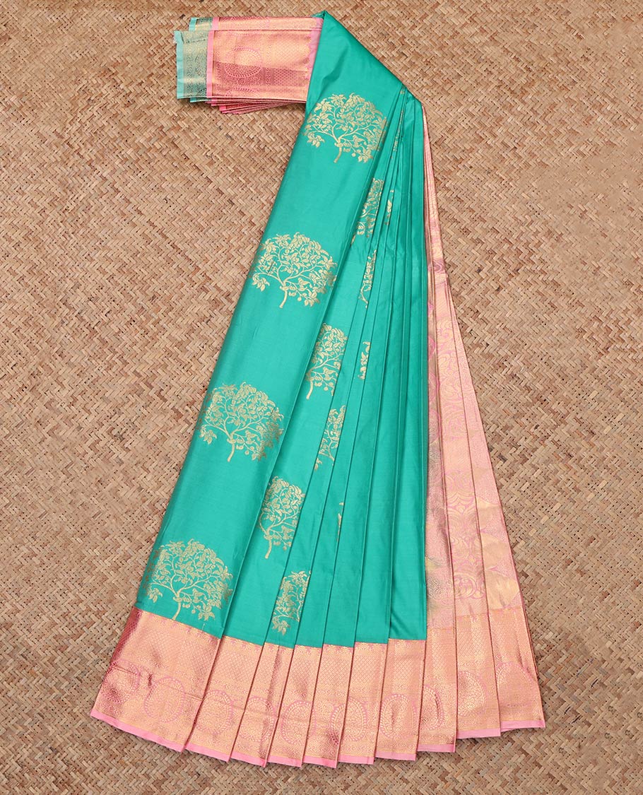 Turquoise Budget Silk Saree, Adorned with Tree Motifs, Complemented by Contrast Traditional Zari Border, Grand Pallu and Contrast Blouse