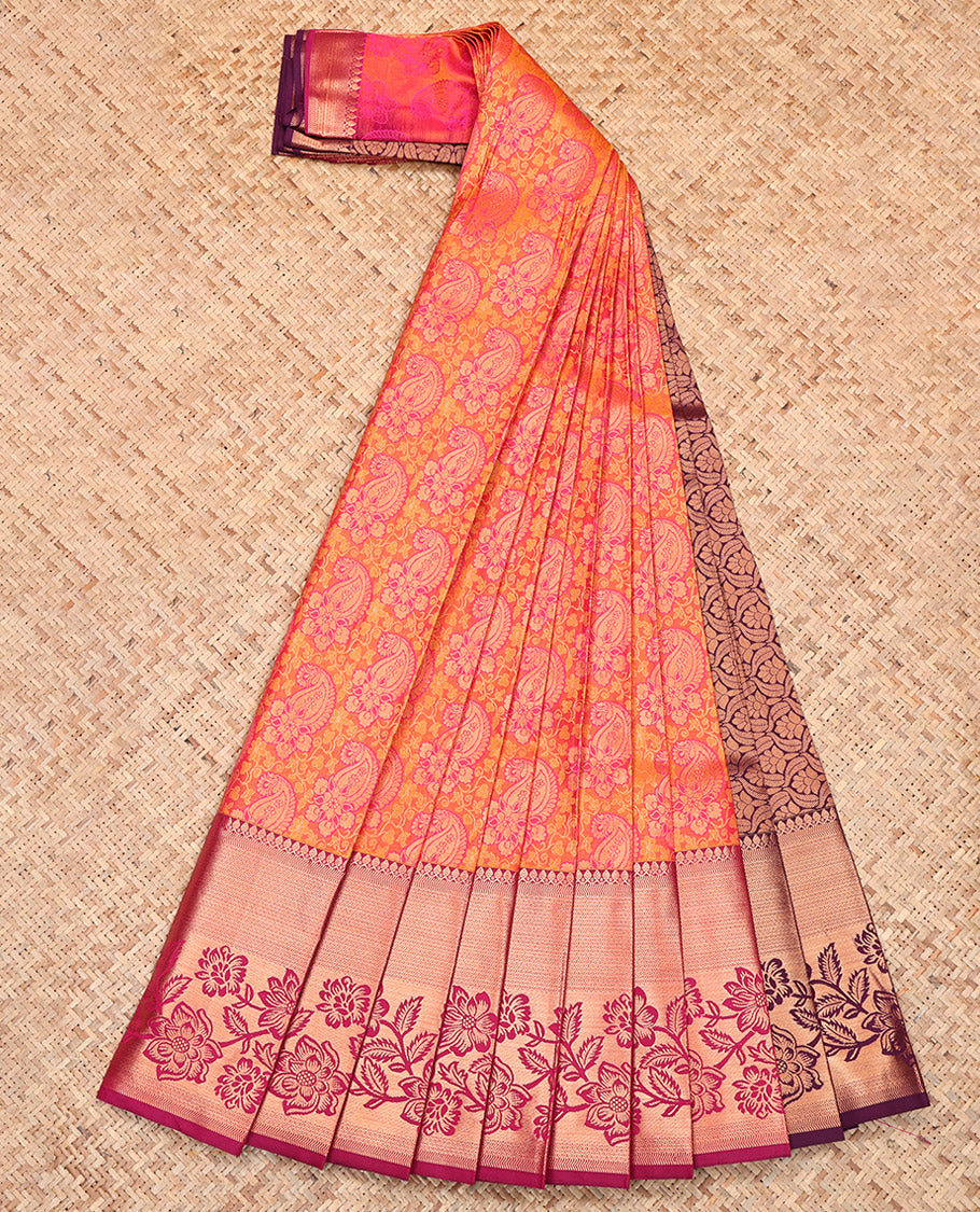 Orange Budget Silk Saree, Elegantly Elevated with Paisley Jacquard Design, Complemented by Contrast Traditional Zari Border, Grand Pallu and a Contrast Blouse
