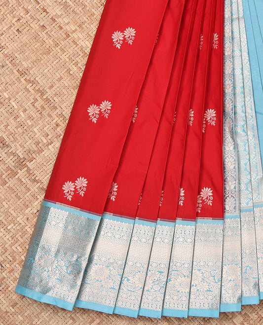 Red Budget Silk Saree, Decorated with Zari Buttas, Complemented by a Contrast Traditional Zari Border, Intricate Pallu, and a Contrast Blouse