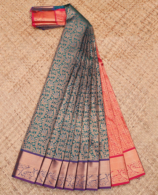 Peacock Blue Budget Silk Saree, Mesmerized with Jacquard Design, Complemented by a Contrast Paisley Zari Border, Grand Pallu, and Contrast Blouse