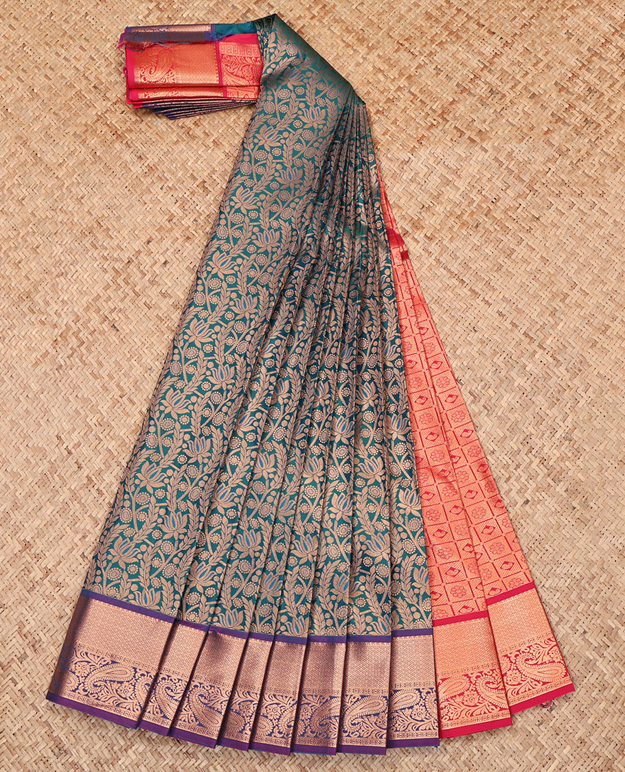 Peacock Blue Budget Silk Saree, Mesmerized with Jacquard Design, Complemented by a Contrast Paisley Zari Border, Grand Pallu, and Contrast Blouse