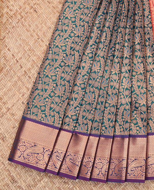 Peacock Blue Budget Silk Saree, Mesmerized with Jacquard Design, Complemented by a Contrast Paisley Zari Border, Grand Pallu, and Contrast Blouse