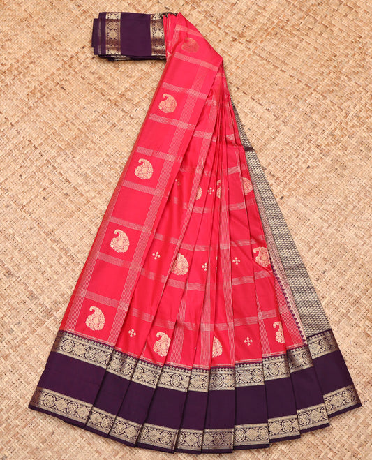 Red Budget Silk Saree, Richly Detailed with Paisley Butta Enclosed Checks, Complemented by a Contrast Traditional Rettai Pettu Border, Grand Pallu, and Contrast Blouse