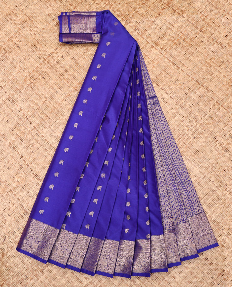 Blue Budget Silk Saree, Adorned with Zari Buttas, Highlighted by a Traditional Zari Border, Geometric Pallu, and a Matching Blouse