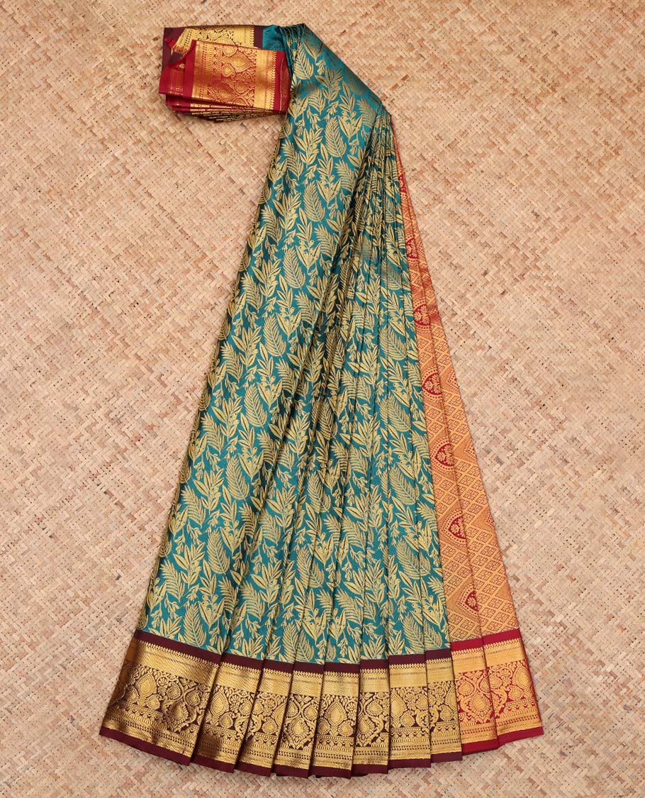 Green Budget Silk Saree, Graced with Floral Jacquard Design, Complemented by Contrast Traditional Zari Border, a Jaal Pallu and a Contrast Blouse