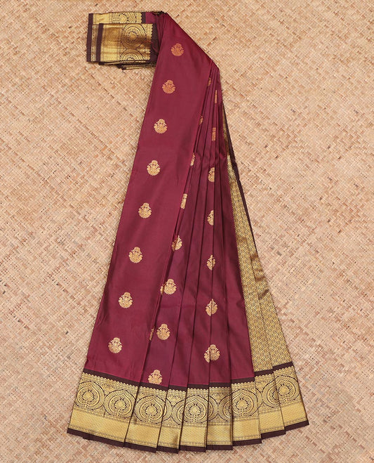 Maroon Budget Silk Saree, Ornamented with Zari Buttas, a Contrast Traditional Zari Border, a Grand Pallu and a Contrast Blouse