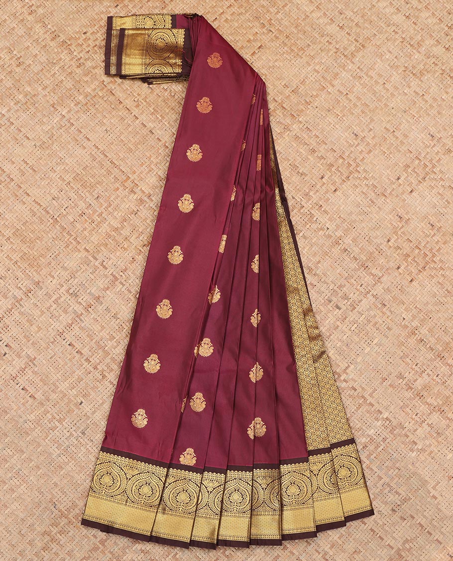 Maroon Budget Silk Saree, Ornamented with Zari Buttas, a Contrast Traditional Zari Border, a Grand Pallu and a Contrast Blouse