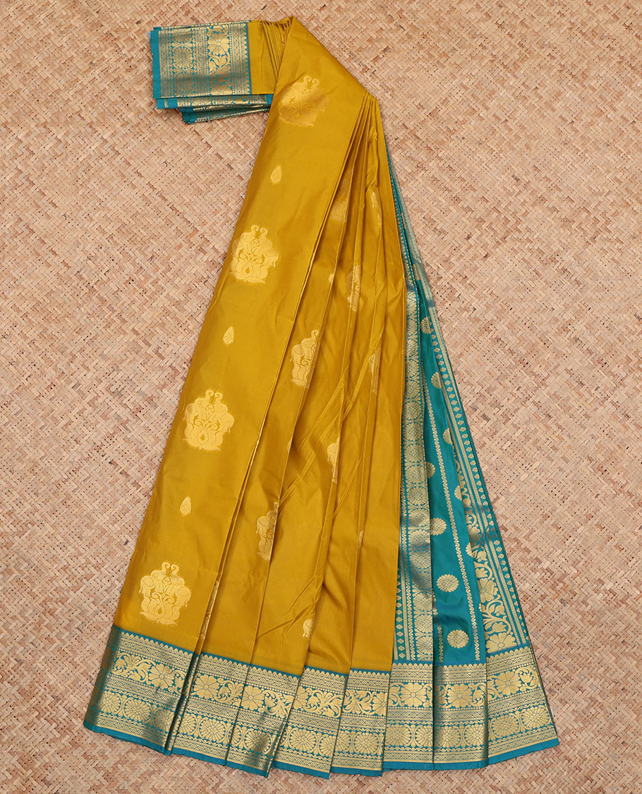 Mustard Budget Silk Saree, Decorated with Zari Buttas, Complemented by Contrast Traditional Zari Border, a Grand Pallu and a Contrast Blouse