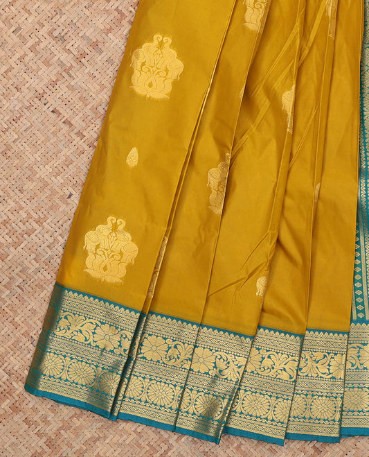 Mustard Budget Silk Saree, Decorated with Zari Buttas, Complemented by Contrast Traditional Zari Border, a Grand Pallu and a Contrast Blouse