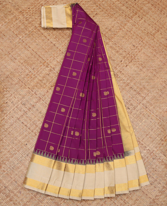 Purple Budget Silk Saree, Woven with Zari Butta Enclosed Checks, a Contrast Traditional Zari Rettai Pettu Temple Border, Grand Pallu, and a Contrast Blouse