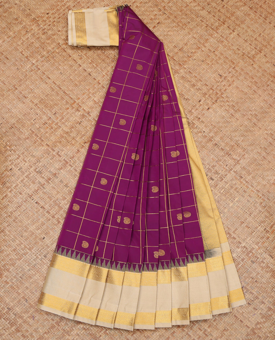 Purple Budget Silk Saree, Woven with Zari Butta Enclosed Checks, a Contrast Traditional Zari Rettai Pettu Temple Border, Grand Pallu, and a Contrast Blouse