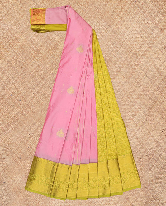 Pink Budget Silk Saree, Elevated with Zari Buttas and Stripes, a Contrast Traditional Zari Border, Grand Jaal Pallu, and a Contrast Blouse