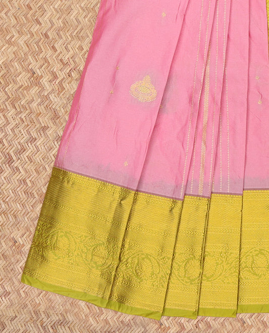 Pink Budget Silk Saree, Elevated with Zari Buttas and Stripes, a Contrast Traditional Zari Border, Grand Jaal Pallu, and a Contrast Blouse