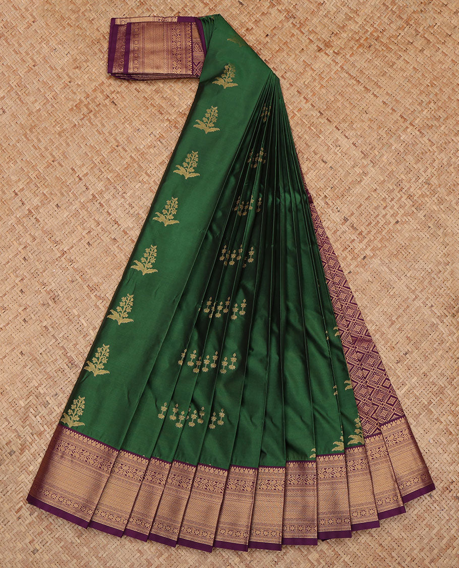 Green Budget Silk Saree, Styled with Zari Buttas, a Contrast Traditional Zari Border, Grand Pallu, and a Contrast Blouse