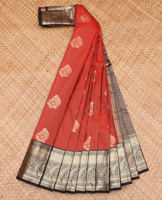 Orange zari buttas and striped budget silk saree, contrast traditional zari design border, and jaal pallu