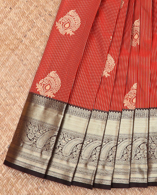 Orange zari buttas and striped budget silk saree, contrast traditional zari design border, and jaal pallu