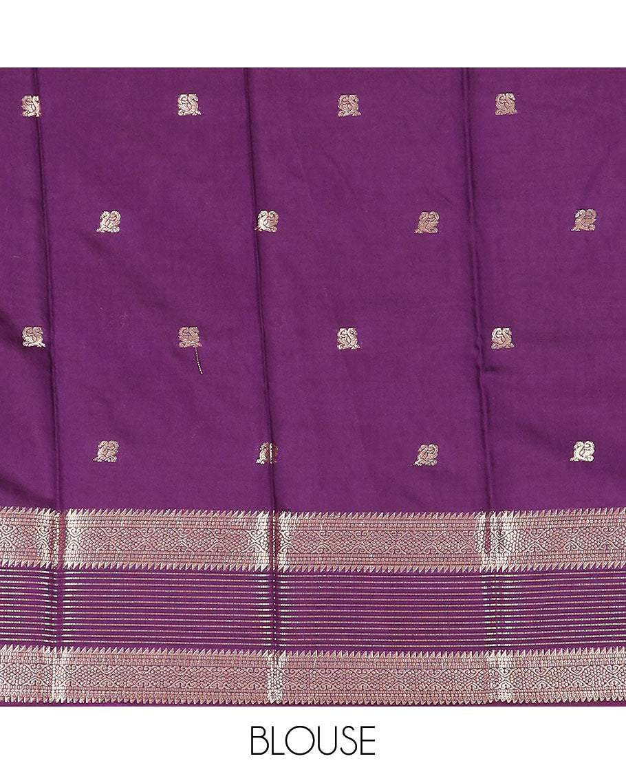 Pink peacock buttas assam silk saree, contrast traditional zari border, and pallu of zari design