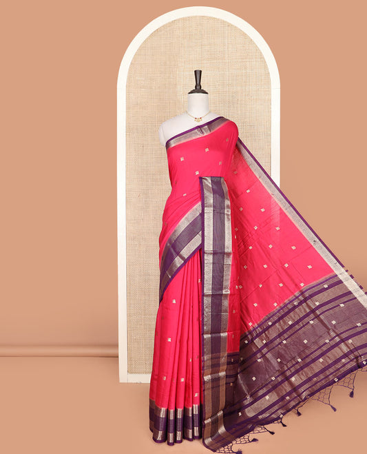 Pink peacock buttas assam silk saree, contrast traditional zari border, and pallu of zari design