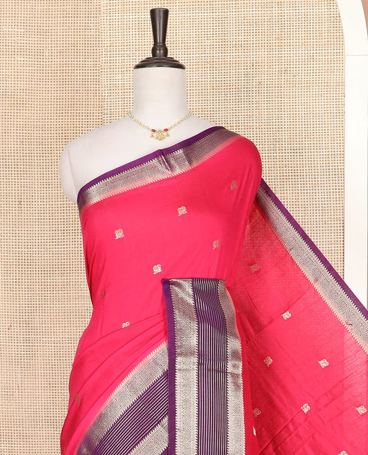 Pink peacock buttas assam silk saree, contrast traditional zari border, and pallu of zari design