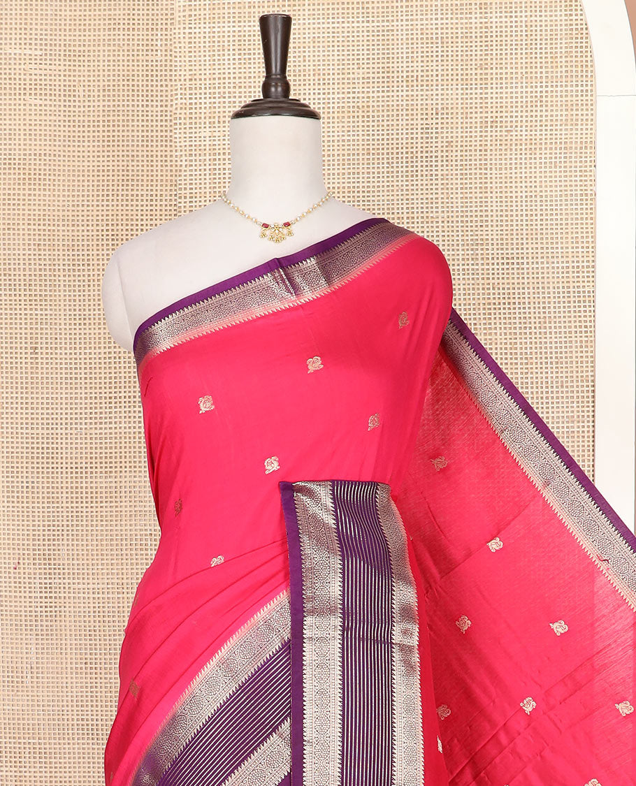 Pink peacock buttas assam silk saree, contrast traditional zari border, and pallu of zari design