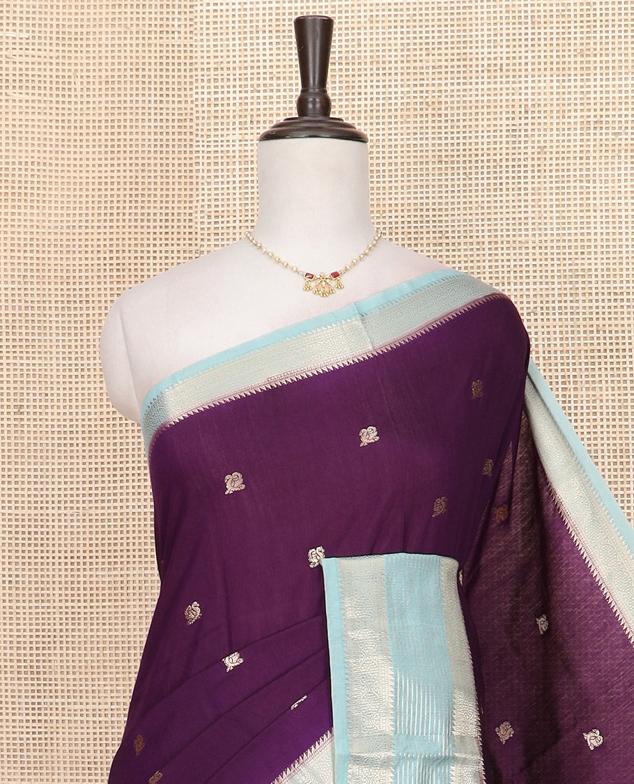 Purple peacock buttas Assam silk saree, contrast traditional zari border, and pallu of zari designs