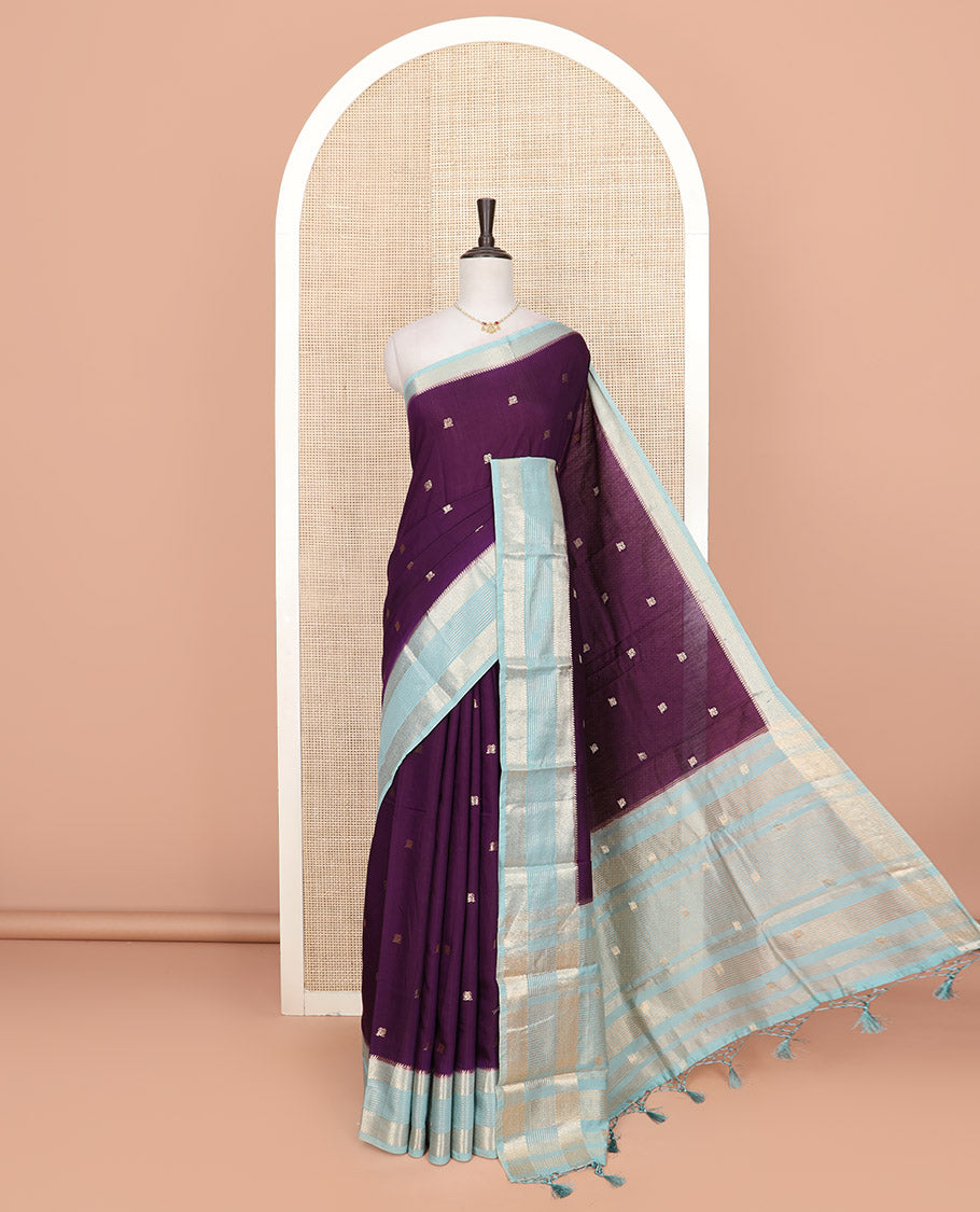 Purple peacock buttas Assam silk saree, contrast traditional zari border, and pallu of zari designs