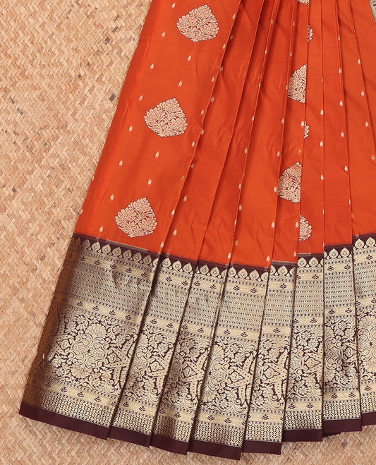 Orange Budget Silk Saree, Detailed with Zari Buttas on Its Body, Complemented by Contrast Traditional Zari Design Border, Geometric Patterned Pallu, and Paired with a Contrast Blouse