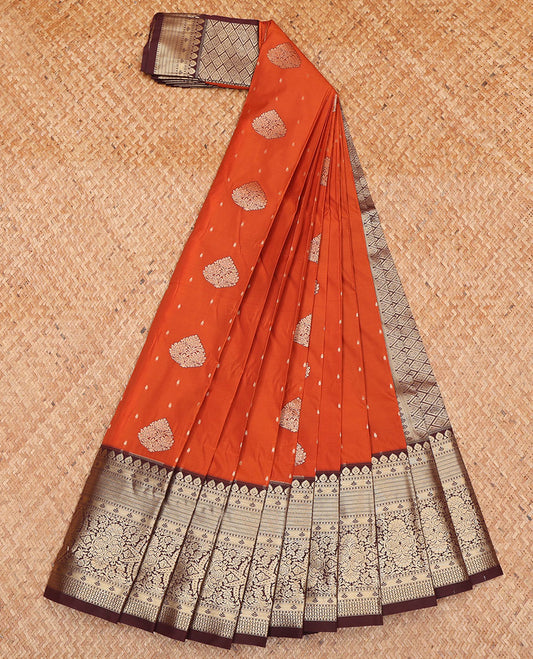 Orange Budget Silk Saree, Detailed with Zari Buttas on Its Body, Complemented by Contrast Traditional Zari Design Border, Geometric Patterned Pallu, and Paired with a Contrast Blouse