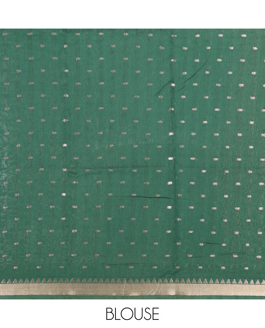 Green Assam Silk Saree Features Bright Zari Buttas All Over Its Body, a Subtle Temple Zari Border, a Pallu Highlighted with Zari Stripes, and Comes with a Matching Blouse